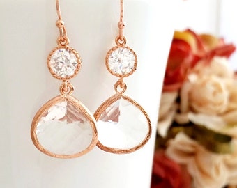 Rose Gold Crystal Earrings: Clear CZ bridal Necklace Bridesmaid gifts Wedding gifts