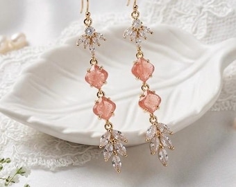 Brincos de coral em estilo Art Déco com folha: Joias de noiva com strass e cristais Marquis