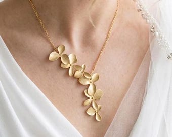 Gold Orchid Flower Necklace: Plumeria jewelry Wedding bridesmaids gift