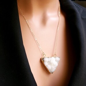 White Druzy Triangle Pendant Necklace - Gold Electroplate Edge
