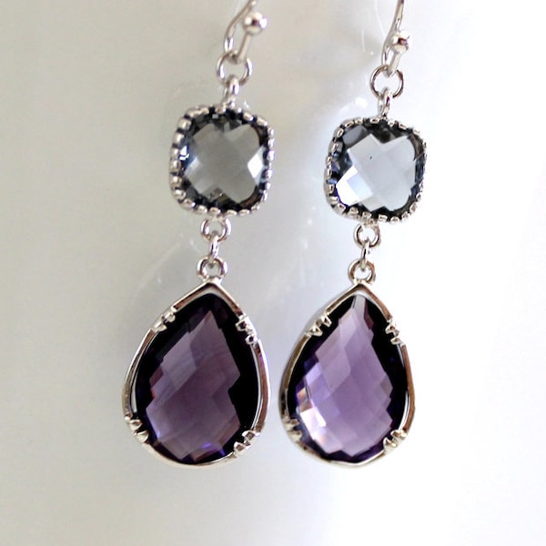 Amethyst Earrings, Purple Dangle earrings, Gray and Purple Earrings, Bridesmaid Gift for Her Unique gift for wife Best Holiday Gift for mom