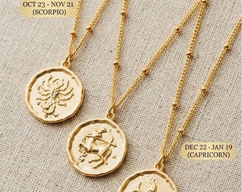 Gold Zodiac Necklace, Dainty Coin Constellation Pendant, Personalized Astrology Jewelry, Gift for Her