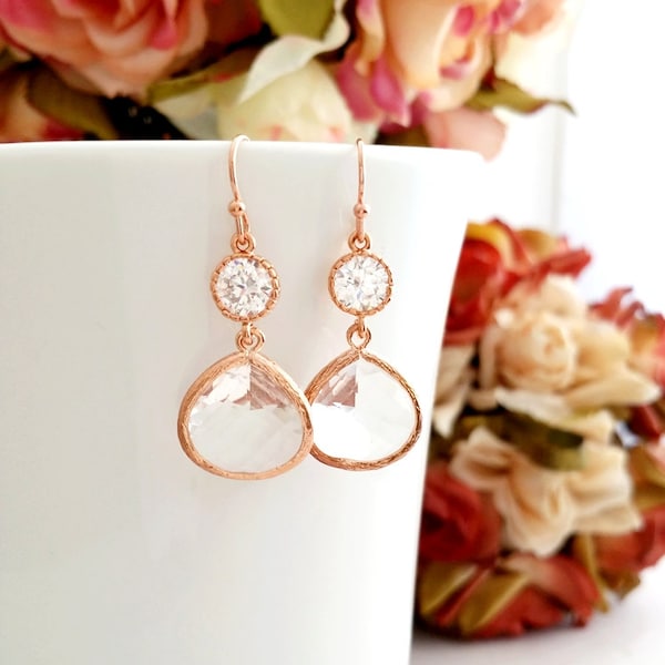 Rose Gold Kristall Ohrringe: Klare CZ Braut Halskette Brautjungfer Geschenke Hochzeitsgeschenke