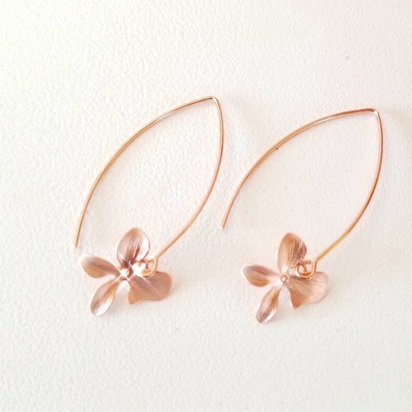 Rose Gold Earrings, Silver Orchid Flower Earrings, Wedding Jewelry, Bridesmaid gift, Bridal Earrings, Gift for Her, Birthday Gift for Mom