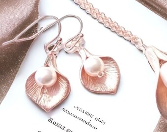 Rose Gold Calla Lilie Perlen Schmuck Set: Ohrringe & Halskette