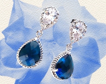 Sapphire Blue Drop Earrings: Sterling Silver Posts, Wedding Jewelry September birthstone Birthday gifts