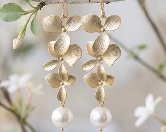 Orchid pearls Earrings: Pearl Orchid Necklace Rose Gold Bracelet Bridal Jewelry gifts