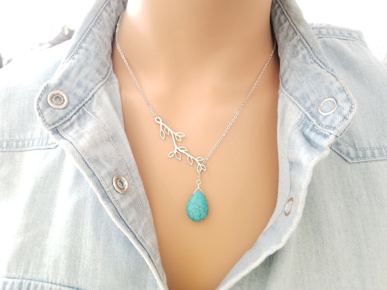 Turquoise Necklace: 14K Gold Jewelry turquoise Earrings, Leaf Bracelet, Family Tree necklaces Birthday gift image 2