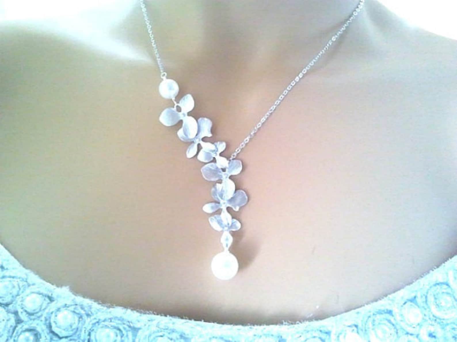 Orchid Flower Necklace Pearl Necklace Rose Gold Jewelry Etsy