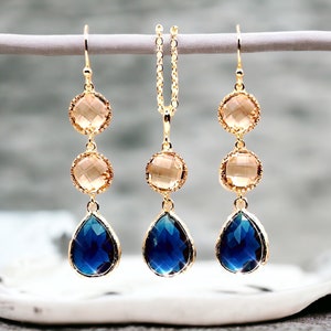 Pendientes de zafiro color oro champán: joyería nupcial azul marino, piedra de nacimiento de septiembre, regalos de cumpleaños