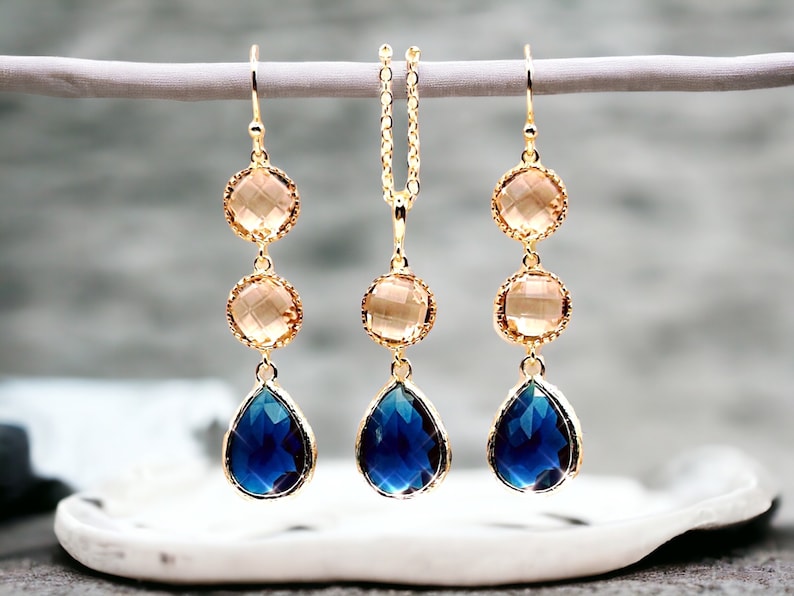 Sapphire Earrings champagne Gold Earrings Navy blue Earrings Bridal Earrings Wedding Bridesmaid Earring Mom Jewelry Mothers day gift for mom image 9