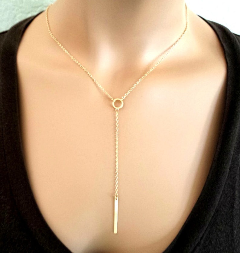 Gold BAR Necklace, Personalized Necklace, Lariat Necklace, Y Necklace, Pendant, Choker, Strand, Statement, Christmas GIFT for her image 3