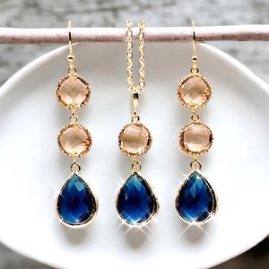 Sapphire Earrings champagne Gold Earrings Navy blue Earrings Bridal Earrings Wedding Bridesmaid Earring Mom Jewelry Mothers day gift for mom image 3