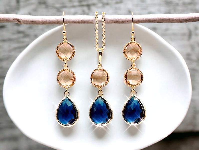 Sapphire Earrings champagne Gold Earrings Navy blue Earrings Bridal Earrings Wedding Bridesmaid Earring Mom Jewelry Mothers day gift for mom image 3