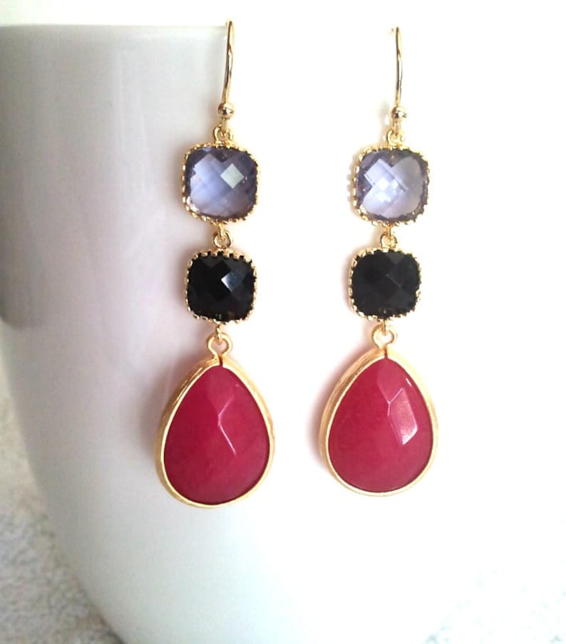 Black with Ruby Jade Drop, Dangle, Earrings, bridesmaid gifts,Wedding jewelry, Gemstone, Valentine' Day image 1