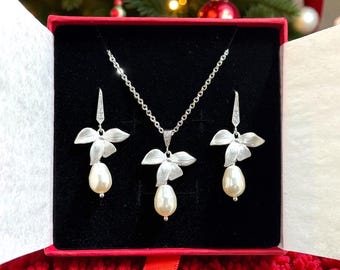 Collana di perle di orchidea, orecchini da sposa, gioielli da sposa con fiori, regalo