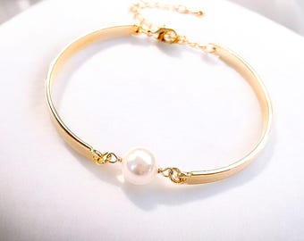 Rose Gold Bangle Bracelet, Swarovski Pearl, Bridesmaid Jewelry
