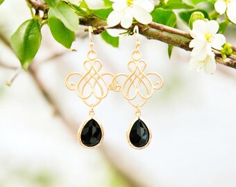 Black Onyx Crown Chandelier Earrings: Gold-Plated Statement Jewelry
