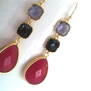 Black with Ruby Jade Drop, Dangle, Earrings, bridesmaid gifts,Wedding jewelry, Gemstone, Valentine' Day image 2