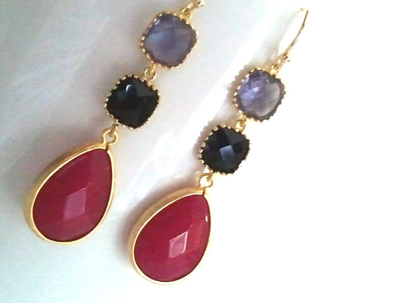 Black with Ruby Jade Drop, Dangle, Earrings, bridesmaid gifts,Wedding jewelry, Gemstone, Valentine' Day image 2