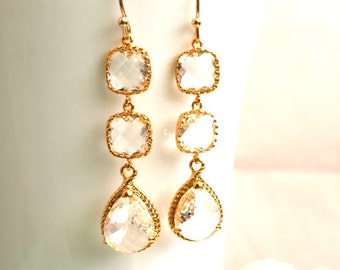 Clear Crystal Gold Earrings, Wedding Jewelry, Bridal Earrings, Bridesmaid Gift, Dangle Earrings, Drop Earrings, Statement, Christmas Gift