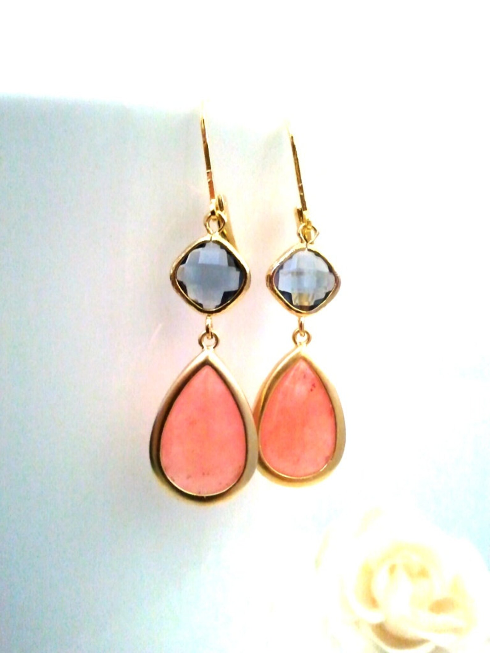 Coral Pink Gold Earrings Pink Wedding Earrings Bridesmaid Etsy