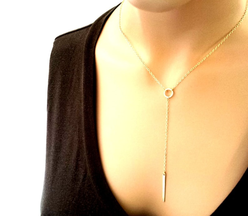 Gold BAR Necklace, Personalized Necklace, Lariat Necklace, Y Necklace, Pendant, Choker, Strand, Statement, Christmas GIFT for her image 4