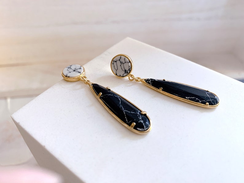 Marble Earrings Modern gold earrings Black earrings Black marble hook earrings Black gold earrings