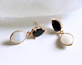 Black and White Opal Gold Earrings, Black stud earrings, White Opal Gold drop earrings, Bridesmaid Gift, Birthday Gift, Gift for Her