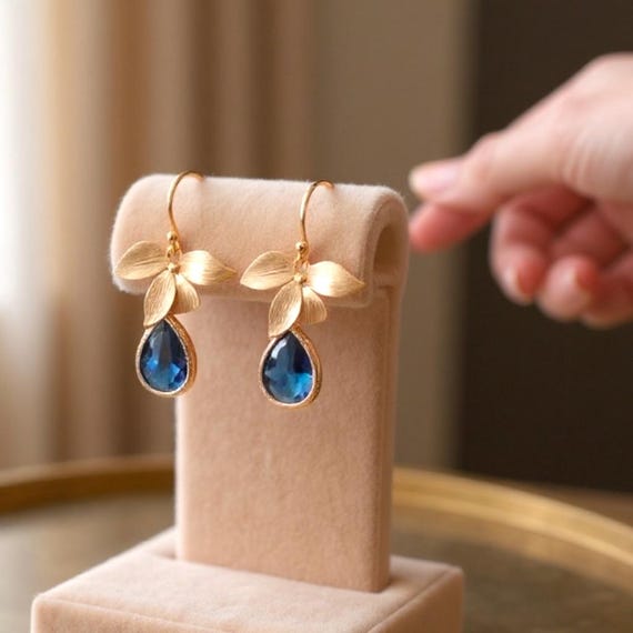 Sapphire Earrings Gold Orchid earring Flower Necklace Bracelet personalized initial jewelry Birthday gifts