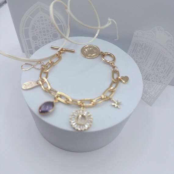 Braccialetto con ciondolo personalizzato in oro: pietra portafortuna, fiore portafortuna, gioielli con iniziali in cristallo - Italia