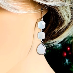 White Opal Dangle Earrings: Luster White Gold Plated, Bridal Jewelry