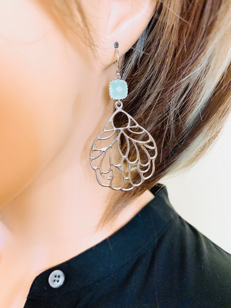 Feather Earrings Oriental Fan Style Earrings Mint Earrings Etsy