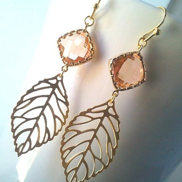 Autumn Leaf Peach Gold Chandelier Earrings ,Drop, Dangle, bridesmaid gifts,Wedding Earrings, Bridal Jewelry, Statement, Christmas Gift