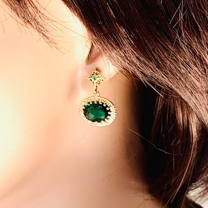 Emerald CZ Gold Dangle Earrings: Sterling Silver Posts