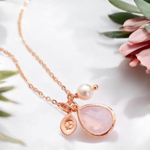 Opal Necklace: Rose Gold, Pearl, Initial Charm, October Birthstone