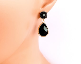 Onyx Drop Earrings: Black Galaxy Studs, Gold-Plated Brass