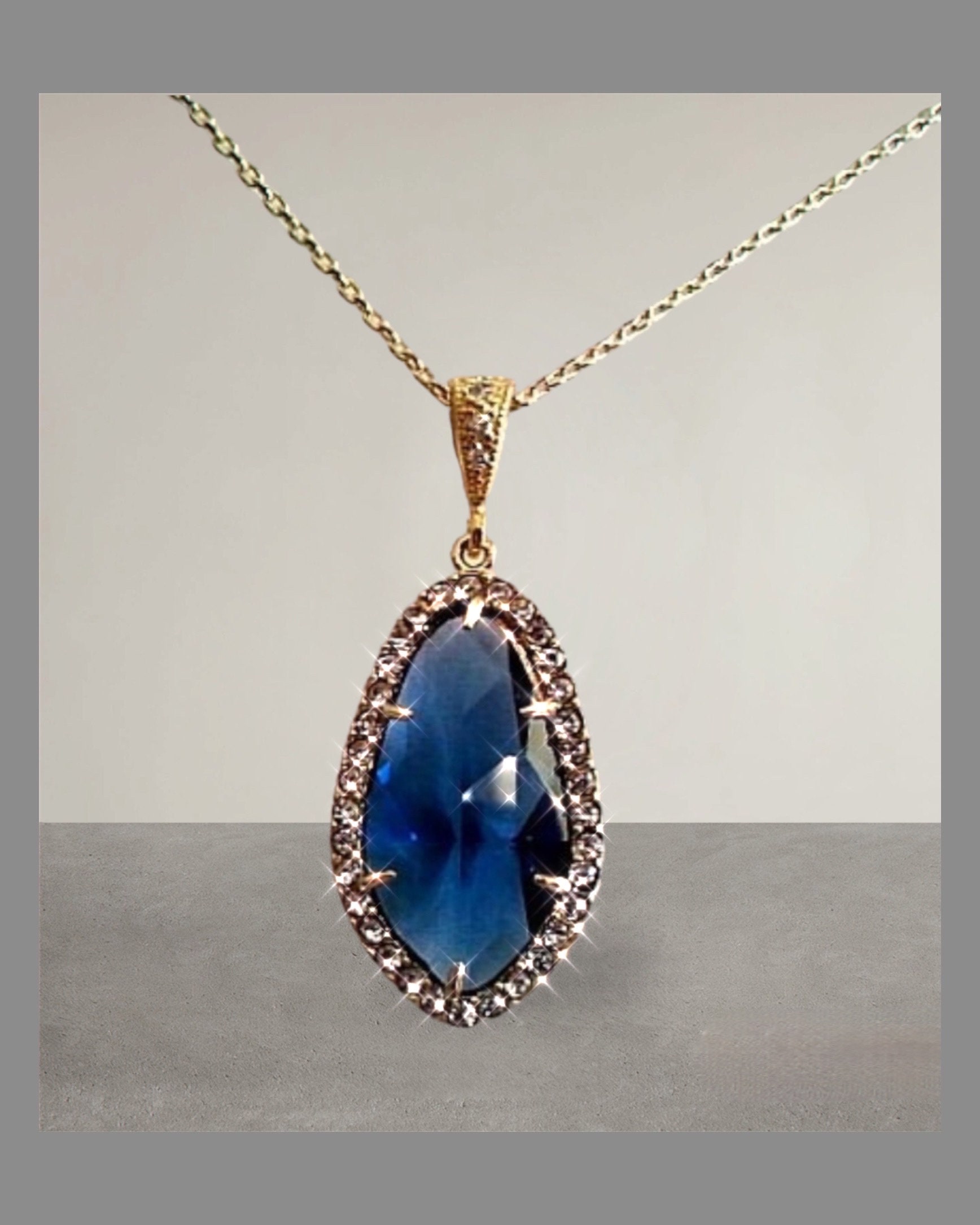 Blue Sapphire Glass Pendant Necklace: Gold Plated, Czech Stone