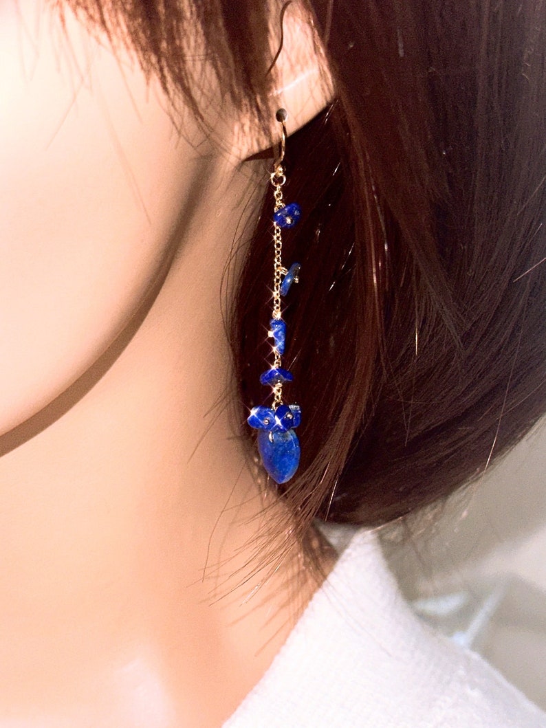 Lapis lazuli earrings Navy Blue Gold Dangle earrings Lapis Lazuli Jewelry Gift for Her Wedding gift Gold drop earrings Gold jewelry gift image 4