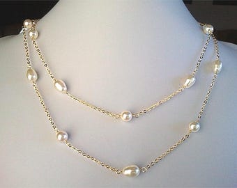 Pearl Long Necklace: Swarovski Teardrop & Round Pearls, 14k Gold Filled Chain