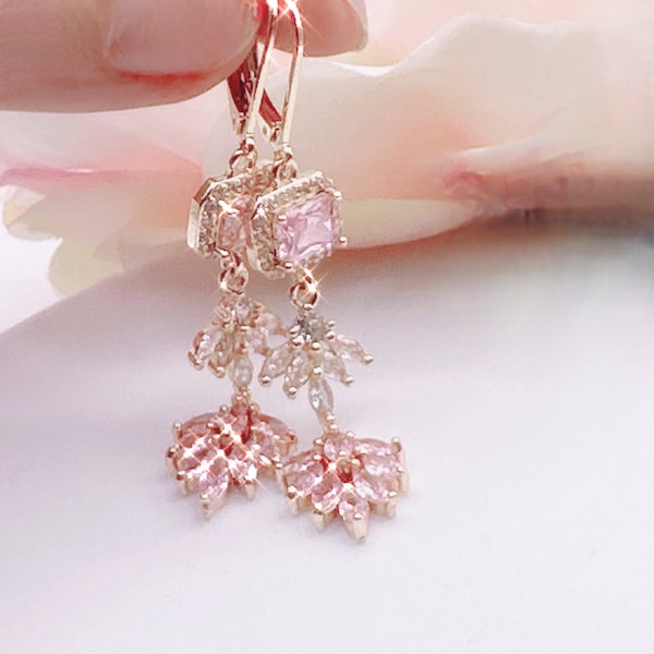 Roze art-decooorbellen oorbellen: bladgoud bruidssieraden