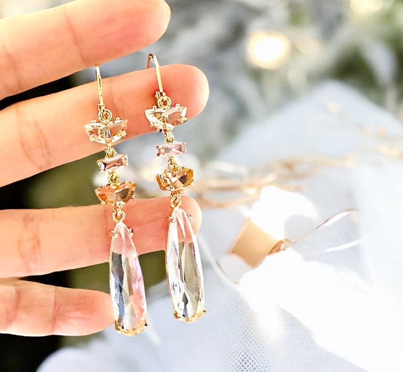 Crystal Long Gold Earrings, Art Deco Earrings, luxury Crystal Bridal Earrings Long Dangle Earrings, Wedding jewelry Best Gift for her