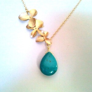 Turquoise Necklace Orchid Flower Statement Gold Necklace Best Handmade Jewelry gift for her Gift for mom Unique Bridesmaid Gift Wedding gift image 3