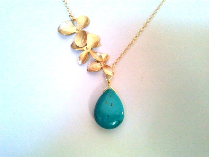 Turquoise Necklace Orchid Flower Statement Gold Necklace Best Handmade Jewelry gift for her Gift for mom Unique Bridesmaid Gift Wedding gift image 3