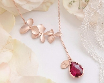 Ruby Necklace Orchid flower Necklaces: Personalized Gifts Initial Birthstone Jewelry gift