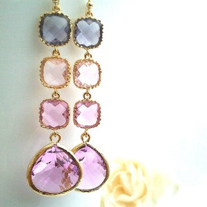 Purple Lavender Glass Dangle Earrings: Gold Wedding Jewelry