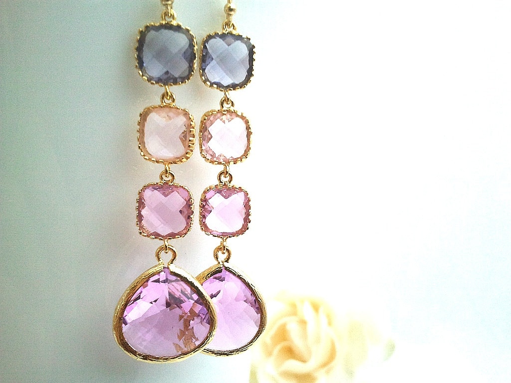 Purple Lavender Glass Dangle Earrings: Gold Wedding Jewelry