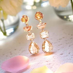 Champagne Peach Dangle Earrings: Light brown topaz stud earrings Art Deco Wedding Jewelry gift