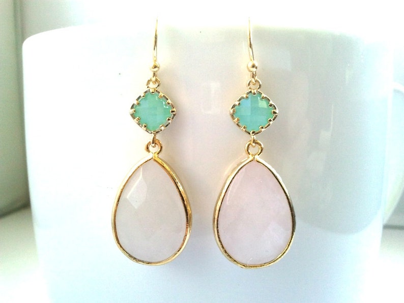 Blush Pink Earrings Mint and Rose Quartz Wedding Jewelry Etsy