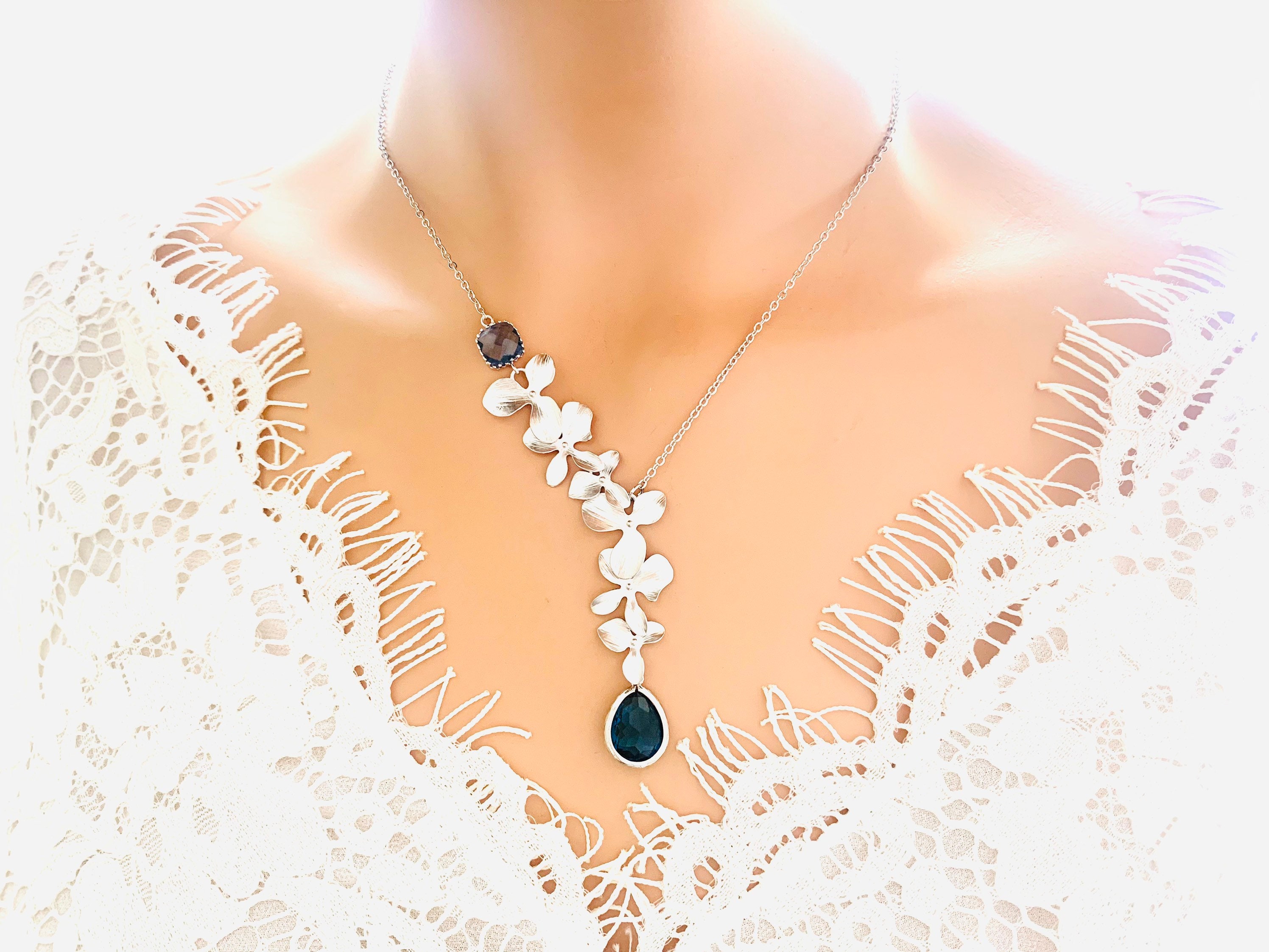 Sapphire Necklace Orchid Flower earrings: Blue Bracelet Rose Gold September Birthstone Jewelry birthday gifts